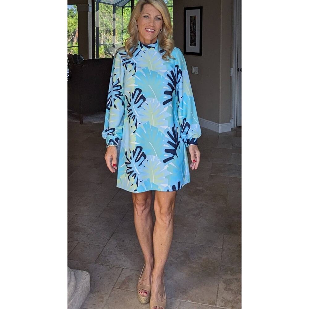 SAIL TO SABLE Blue Palm Tree High Neckline Mock Neck Mini Dress Size 8